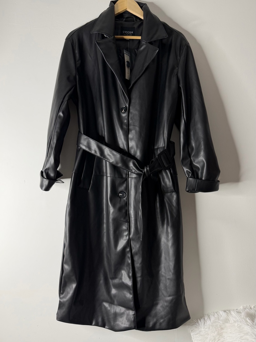 Stoosh Black Faux Leather Trench Coat with Belt